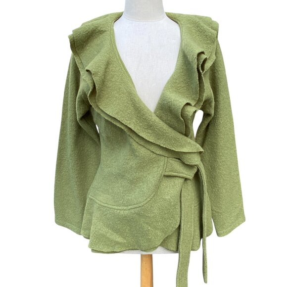 Elena Solano Jackets & Blazers - Elena Solano Boiled Wool Ruffle Wrap Jacket Green Cottagecore Artsy Lagenlook-L